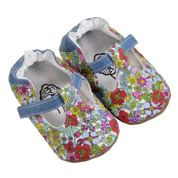 Handmade Girls T-Bar Baby Shoes - Bright Floral and Denim (South Africa)