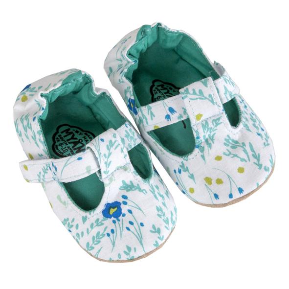 Handmade Girls T-Bar Baby Shoes - Green and Blue Floral (South Africa)