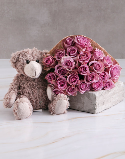 Lilac Roses With Teddy Bear (South Africa)