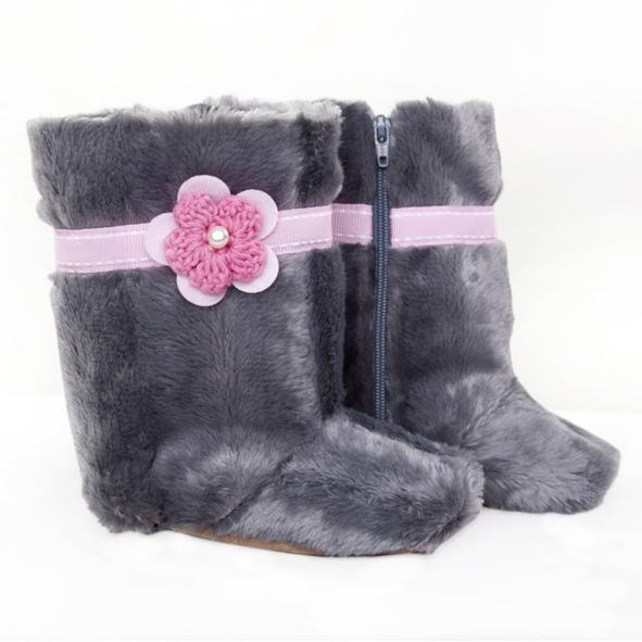 Handmade Girls Boots - Grey Fur with Pink Flower (South Africa)