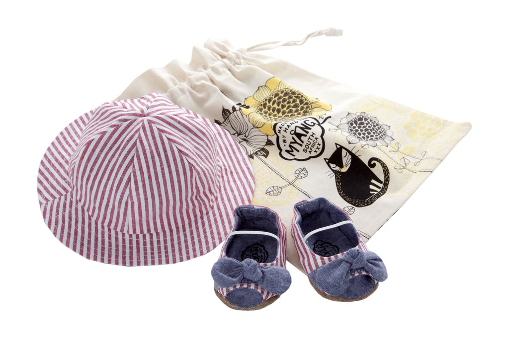 Handmade Baby Girls Gift Set - Nautical Stripe and Denim Peep Toe Baby Shoes and Hat (South Africa)