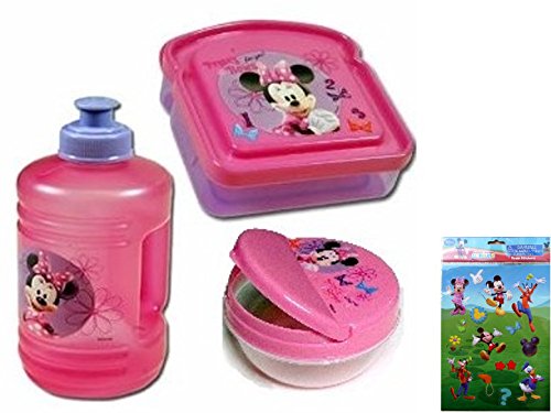 Minnie Mouse Water Bottle, Minnie Mouse Sandwich Keeper, and Minnie Mouse Snack Container - 3 Item Minnie Mouse Boutique Gift Set with a Winnie Pooh Sticker Set (4 Sheets) - All Are BPA Free and Non-toxic (South Africa)